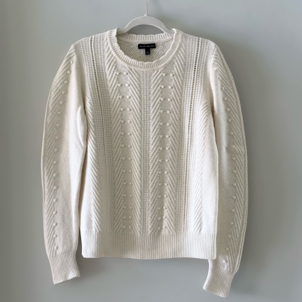 BANANA REPUBLIC Merino Alpaca Wool‎ Blend Scalloped Crew Cable Knit Sweater | LG